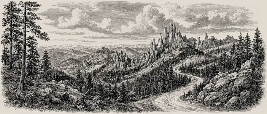 Engraving of the Black Hills of South Dakota: pine ridges, granite spires and a winding road