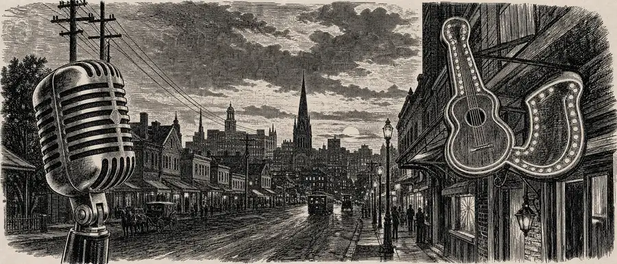 Engraving of a Nashville street at dusk with a microphone in the foreground
