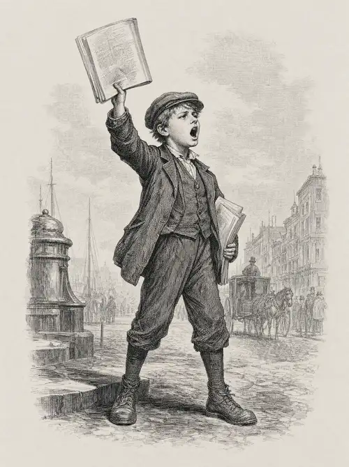 Engraving of a newsboy holding a paper aloft